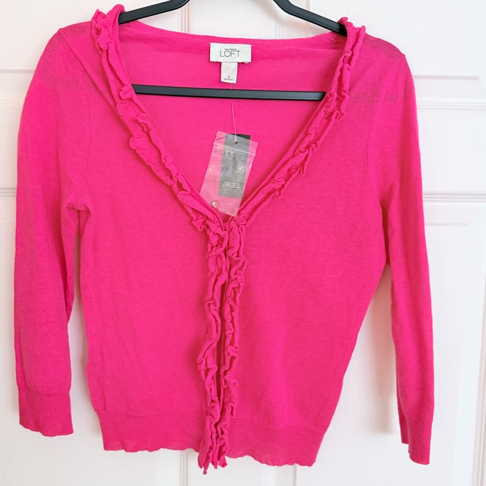NWT LOFT Lightweight Linen Cardigan Knit Sweater with Ruffle Trim